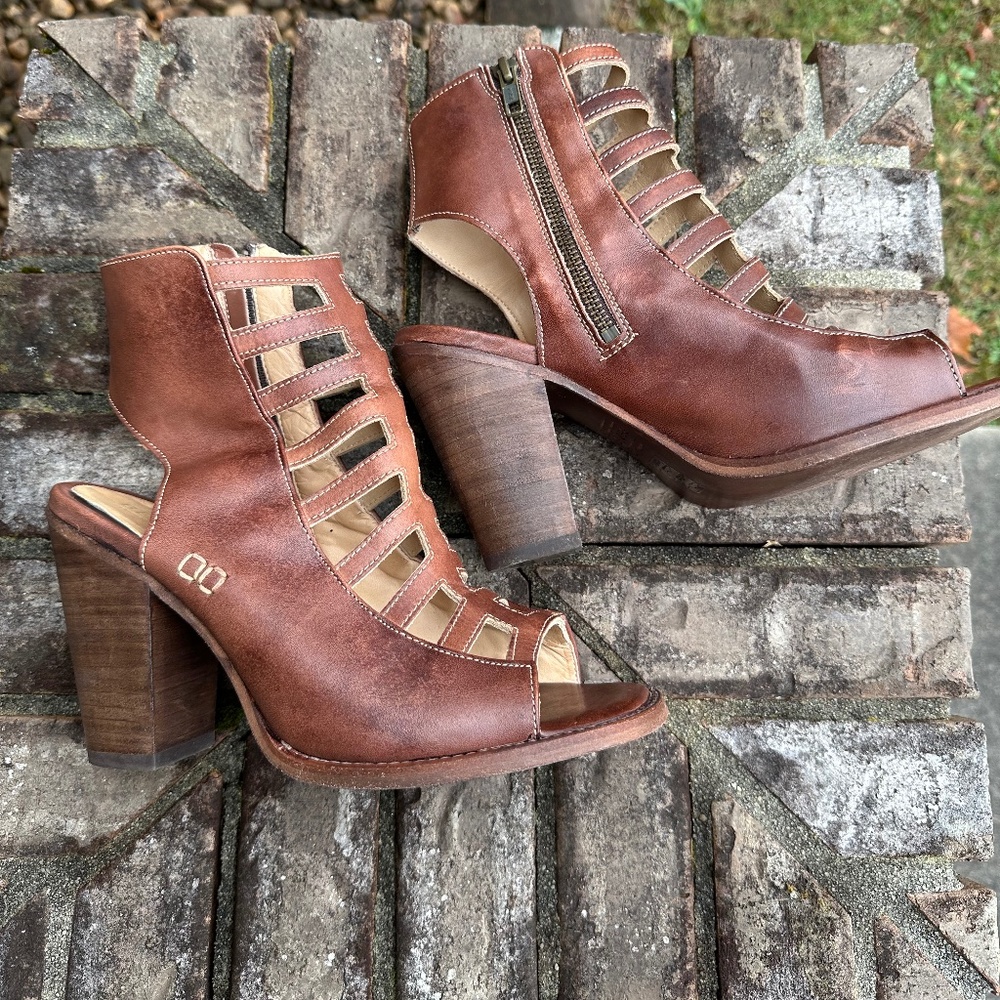 Bed|Stu Occam Caged Zip Bootie Block Heel, Size 9, Brown Leather